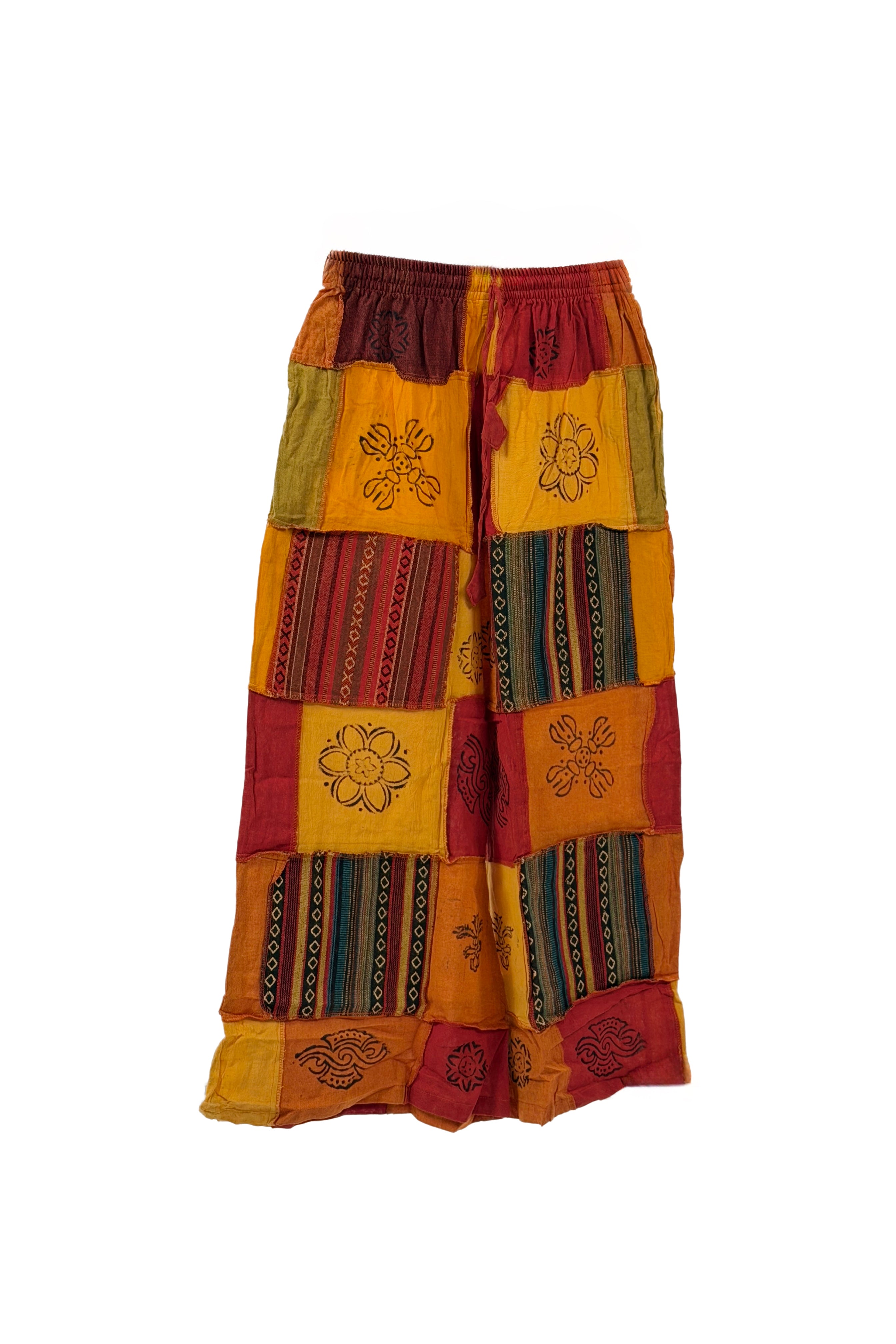 Boho Patchwork Tiered Palazzo Pants – Flowy Cotton Wide-Leg Skirt Pants
