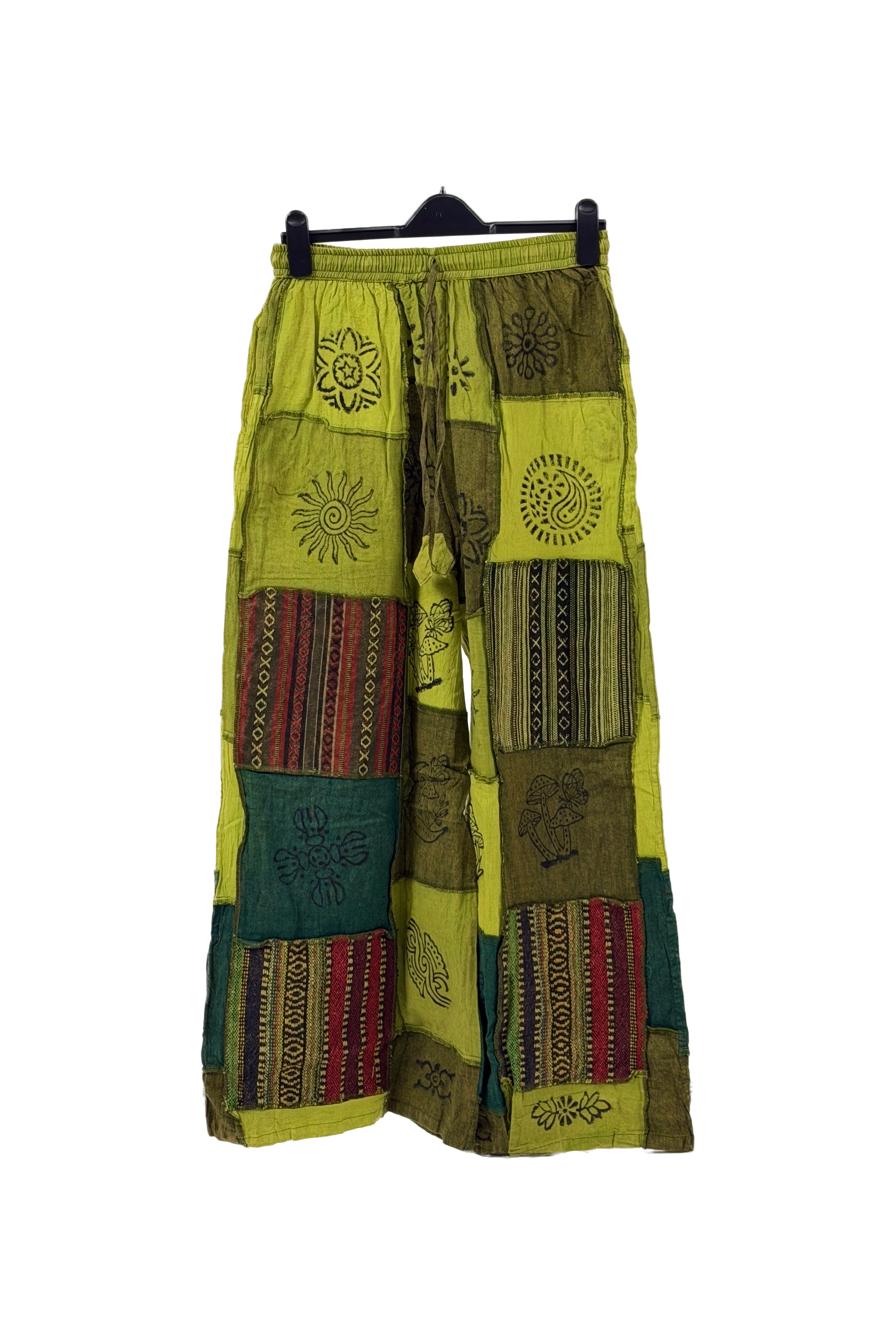 Boho Patchwork Tiered Palazzo Pants – Flowy Cotton Wide-Leg Skirt Pants